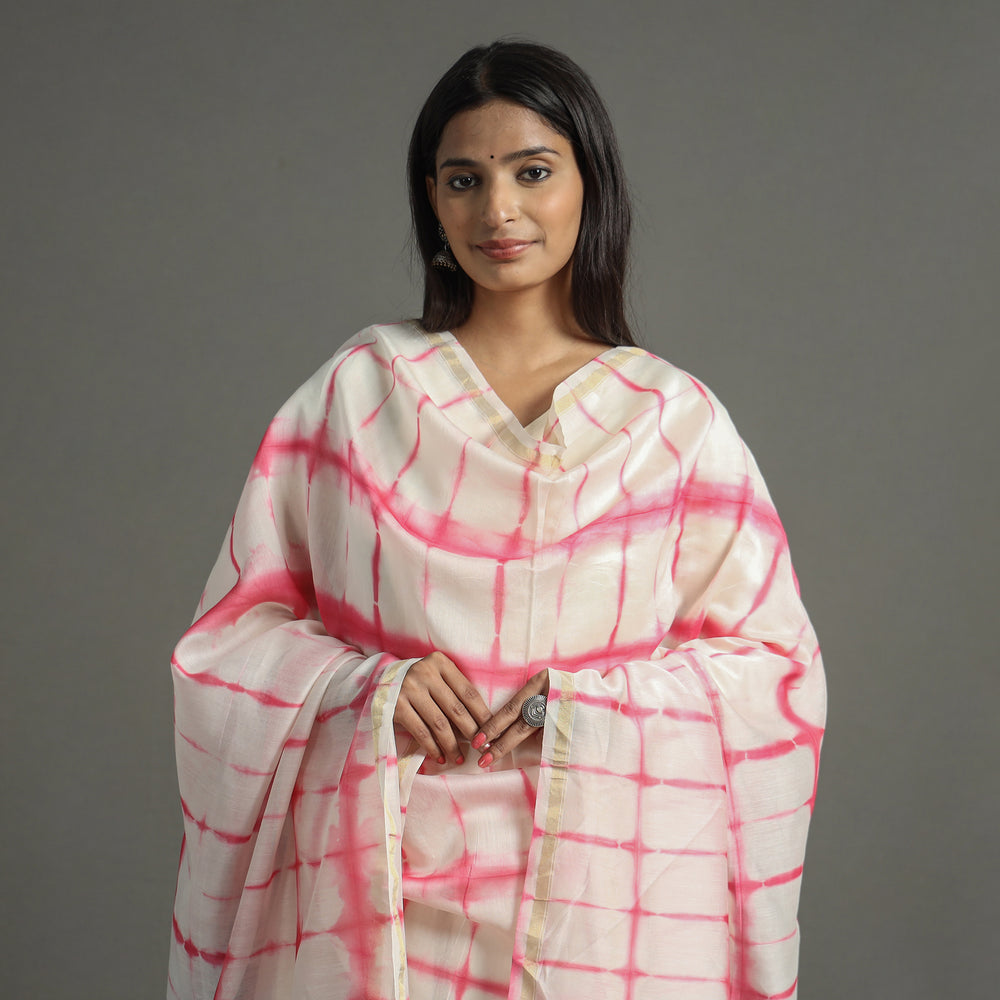 Pink - Shibori Tie-Dye Handloom Chanderi Silk Dupatta with Zari Border 61