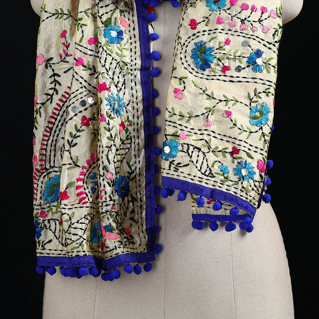 Ranihati Chanderi Silk Hand Embroidered Stole with Pom Pom 224