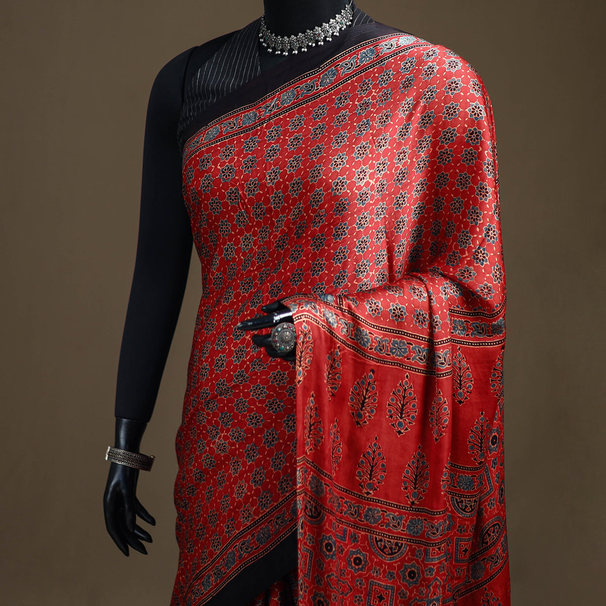 Ajrakh Hand Block Print Natural Dyed Lagdi Patta Border Modal Silk Saree 01