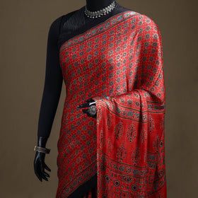Ajrakh Hand Block Print Natural Dyed Lagdi Patta Border Modal Silk Saree 01