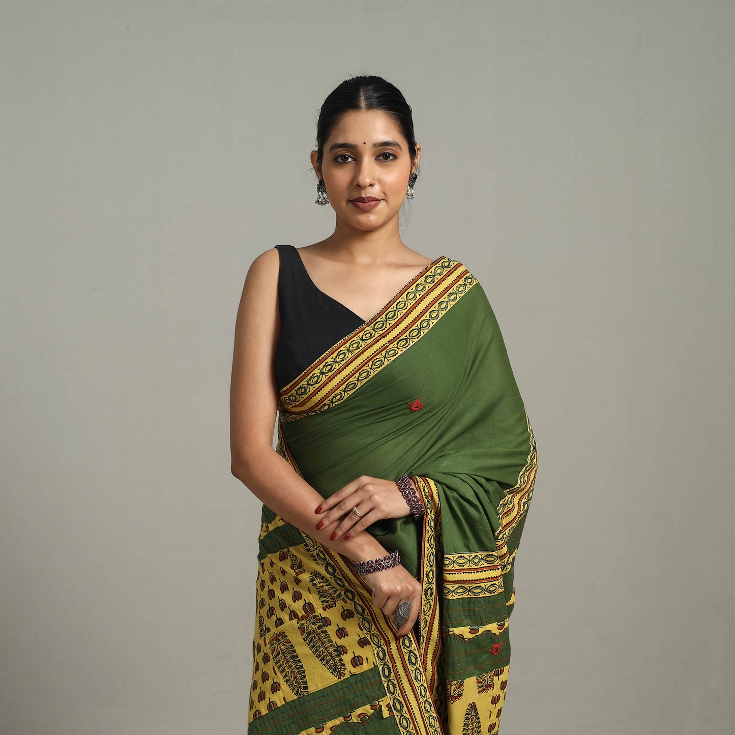 Green - Applique Patchwork Mul Cotton Tagai Ajrakh Saree 08