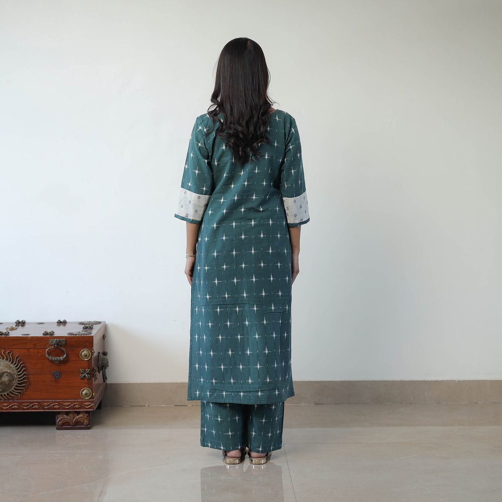 Green - Handloom Cotton Pochampally Ikat Kurta Set with Dupatta 04