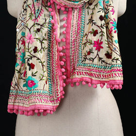 Beige - Ranihati Chanderi Silk Hand Embroidered Stole with Pom Pom 225