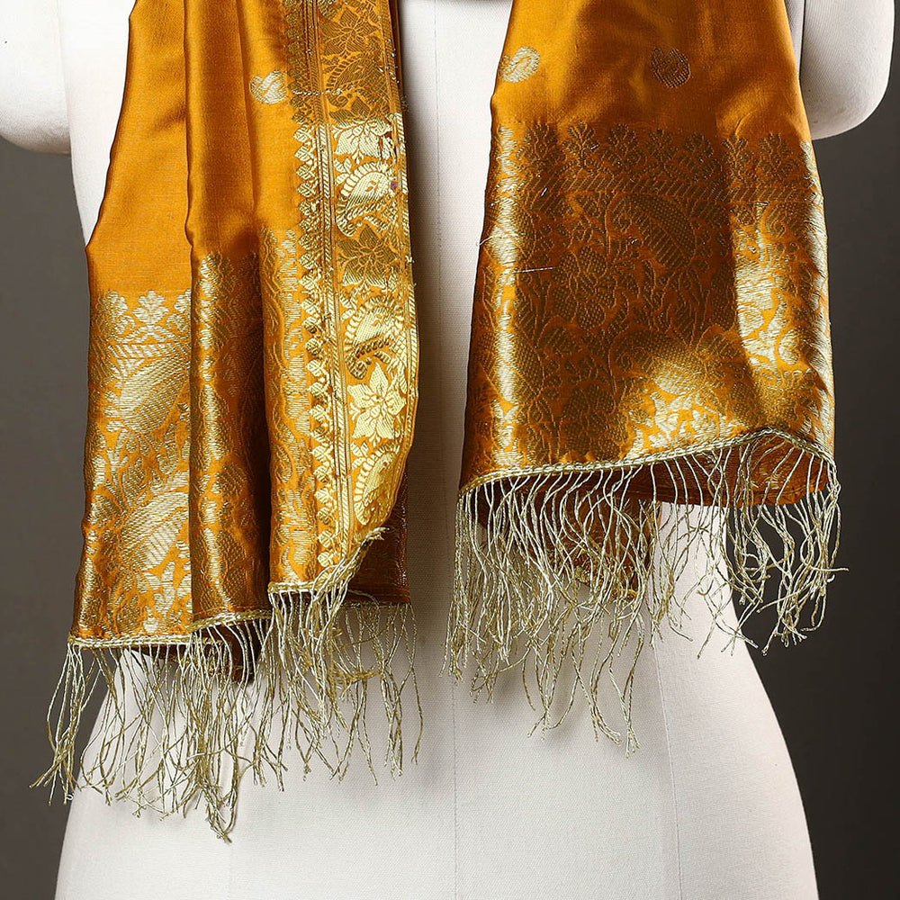 Orange - Brocade Handloom Silk Nakshi Buti Banarasi Stole with Tassels 22