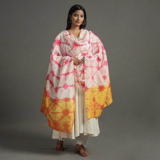 Pink - Shibori Tie-Dye Handloom Chanderi Silk Dupatta with Zari Border 62
