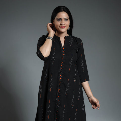 Black - Pochampally Ikat Weave Cotton Long A-Line Kurta 09