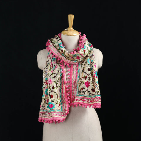 Ranihati Chanderi Silk Hand Embroidered Stole with Pom Pom 225