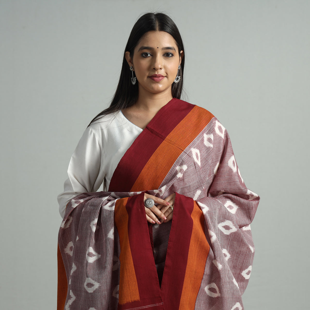 Maroon - Pochampally Ikat Handloom Cotton Dupatta with Tassels 03