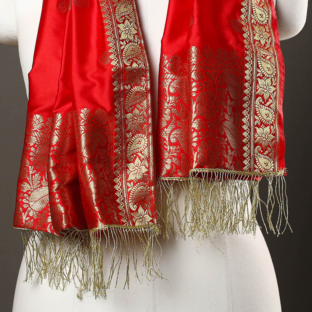 Red - Brocade Handloom Silk Nakshi Buti Banarasi Stole with Tassels 21