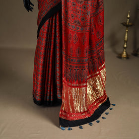 Ajrakh Hand Block Print Natural Dyed Lagdi Patta Border Modal Silk Saree 01