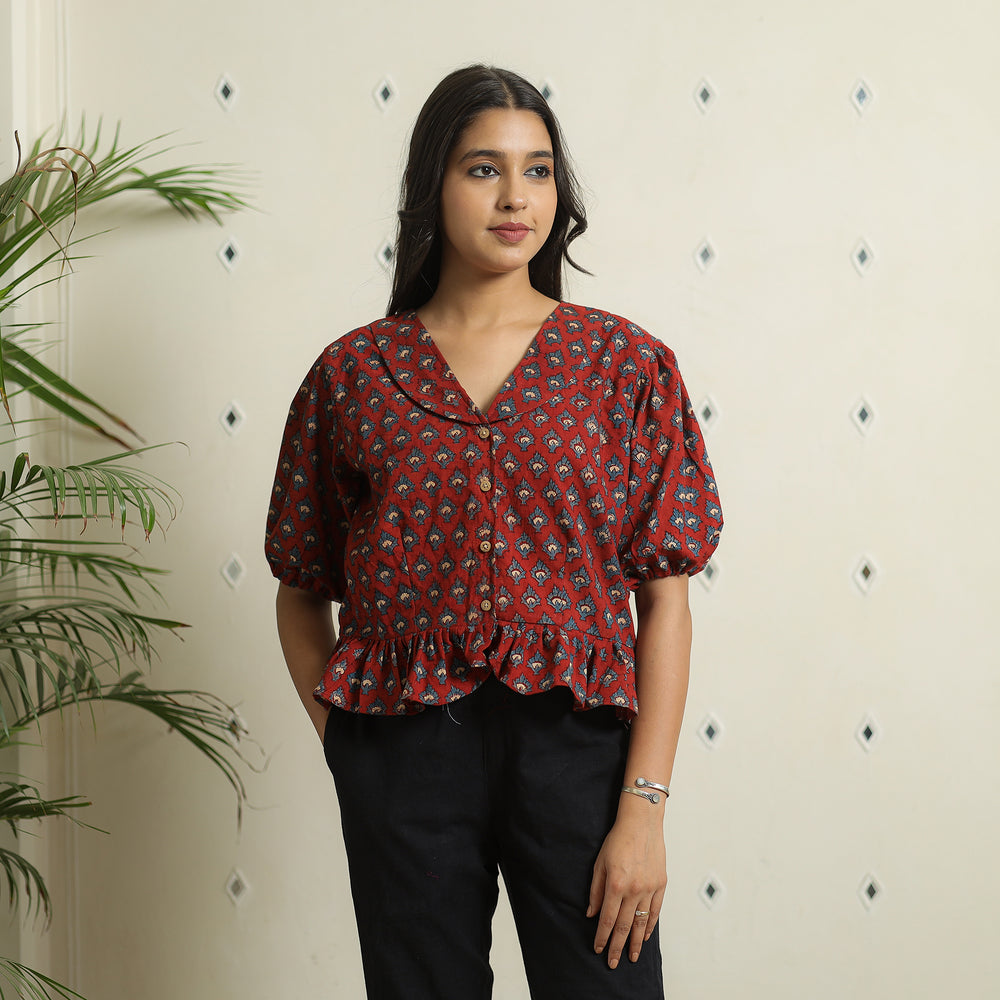 Red - Ajrakh Block Printed Cotton Crop Top 14