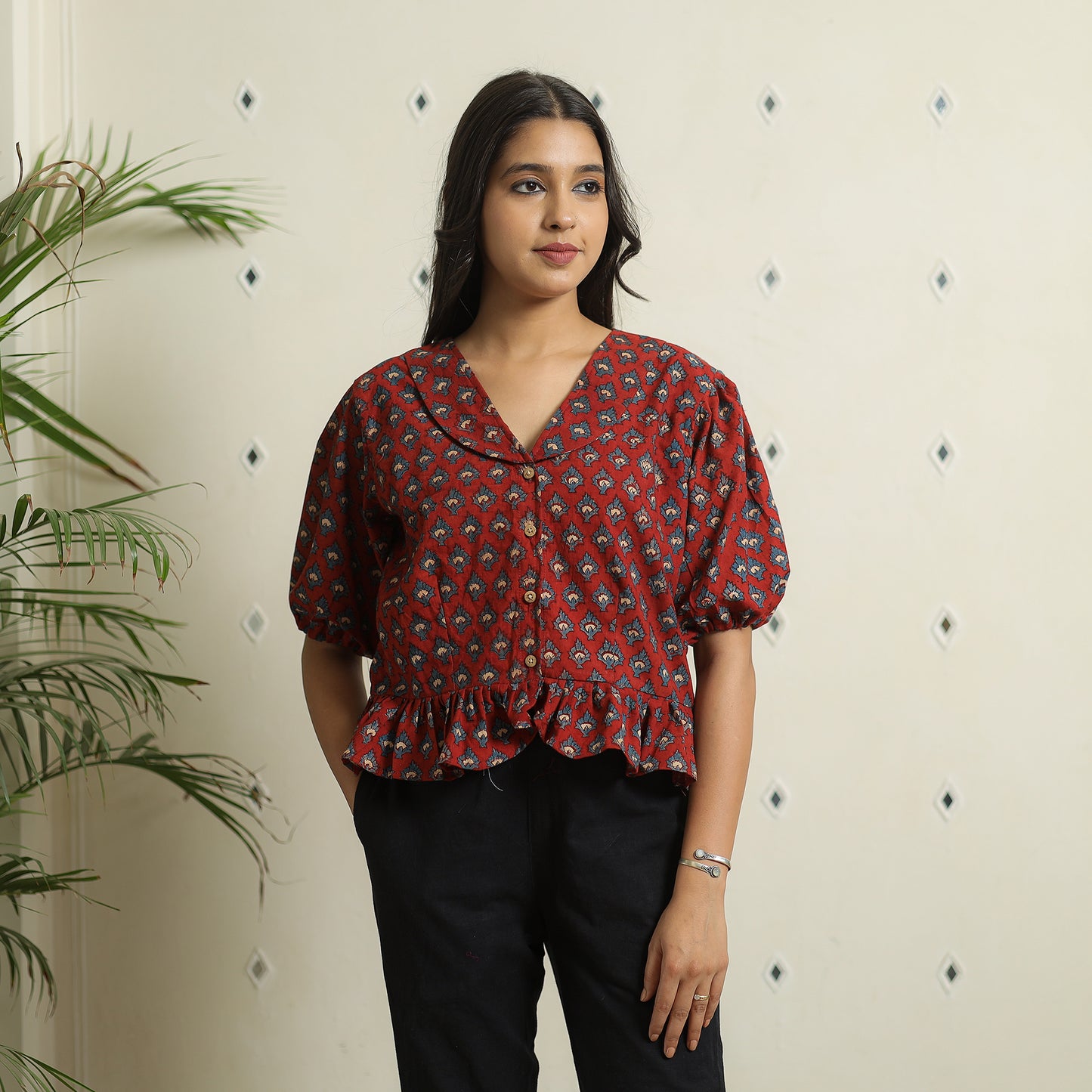 Red - Ajrakh Block Printed Cotton Crop Top 14