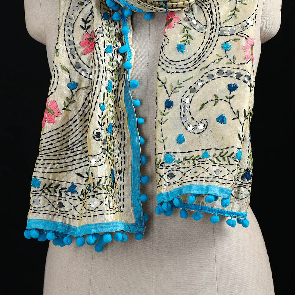 Ranihati Chanderi Silk Hand Embroidered Stole with Pom Pom 227