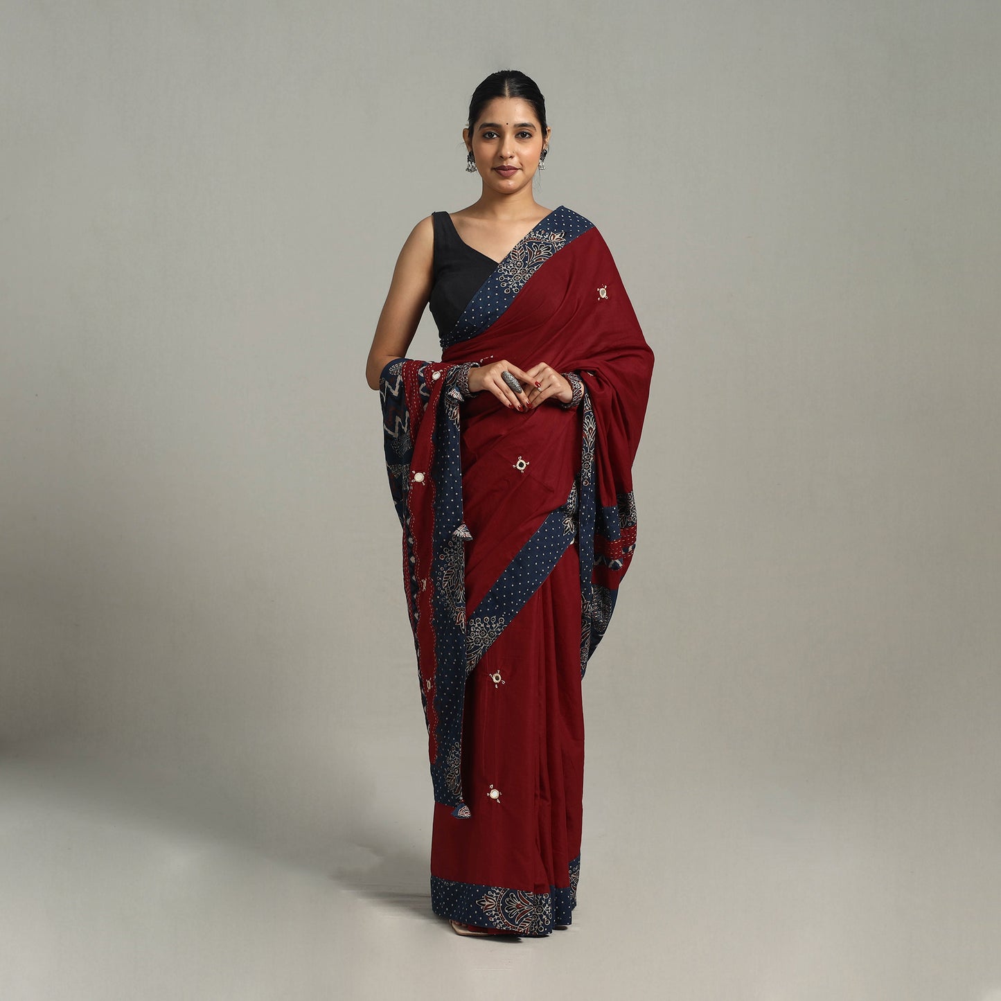 Maroon - Applique Patchwork Mul Cotton Tagai Ajrakh Saree 09