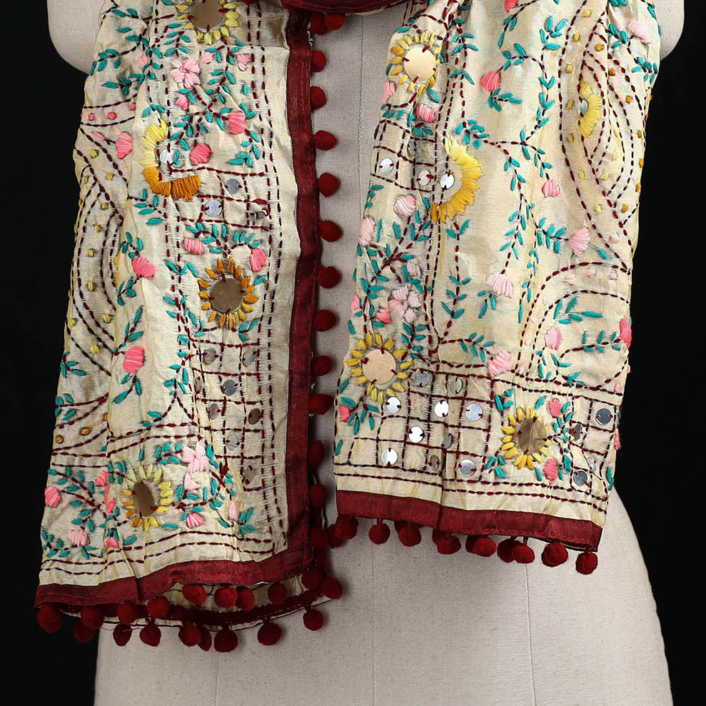 Ranihati Chanderi Silk Hand Embroidered Stole with Pom Pom 228