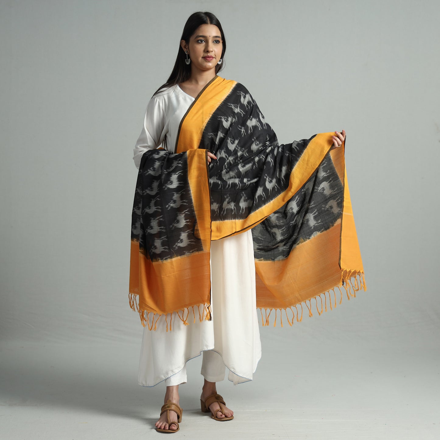 Black - Pochampally Ikat Handloom Cotton Dupatta with Tassels 04