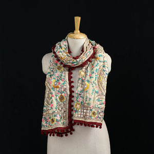 Beige - Ranihati Chanderi Silk Hand Embroidered Stole with Pom Pom 228