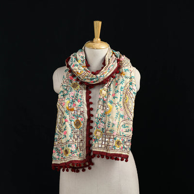 Ranihati Chanderi Silk Hand Embroidered Stole with Pom Pom 228