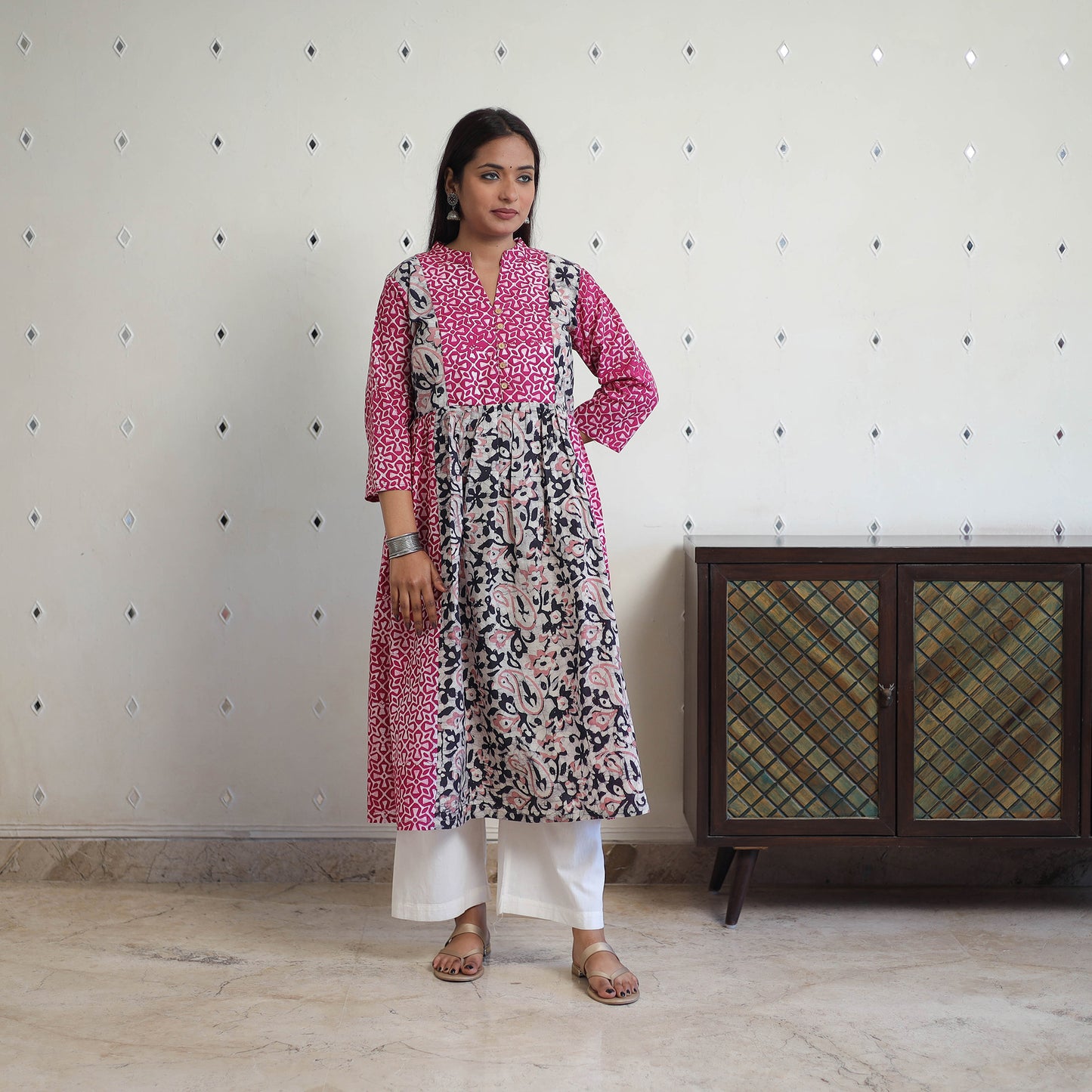 Pink - Cotton Flared Batik Print Kurta 07