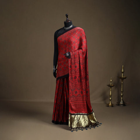 Ajrakh Hand Block Print Natural Dyed Lagdi Patta Border Modal Silk Saree 02