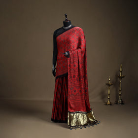 Ajrakh Hand Block Print Natural Dyed Lagdi Patta Border Modal Silk Saree 02