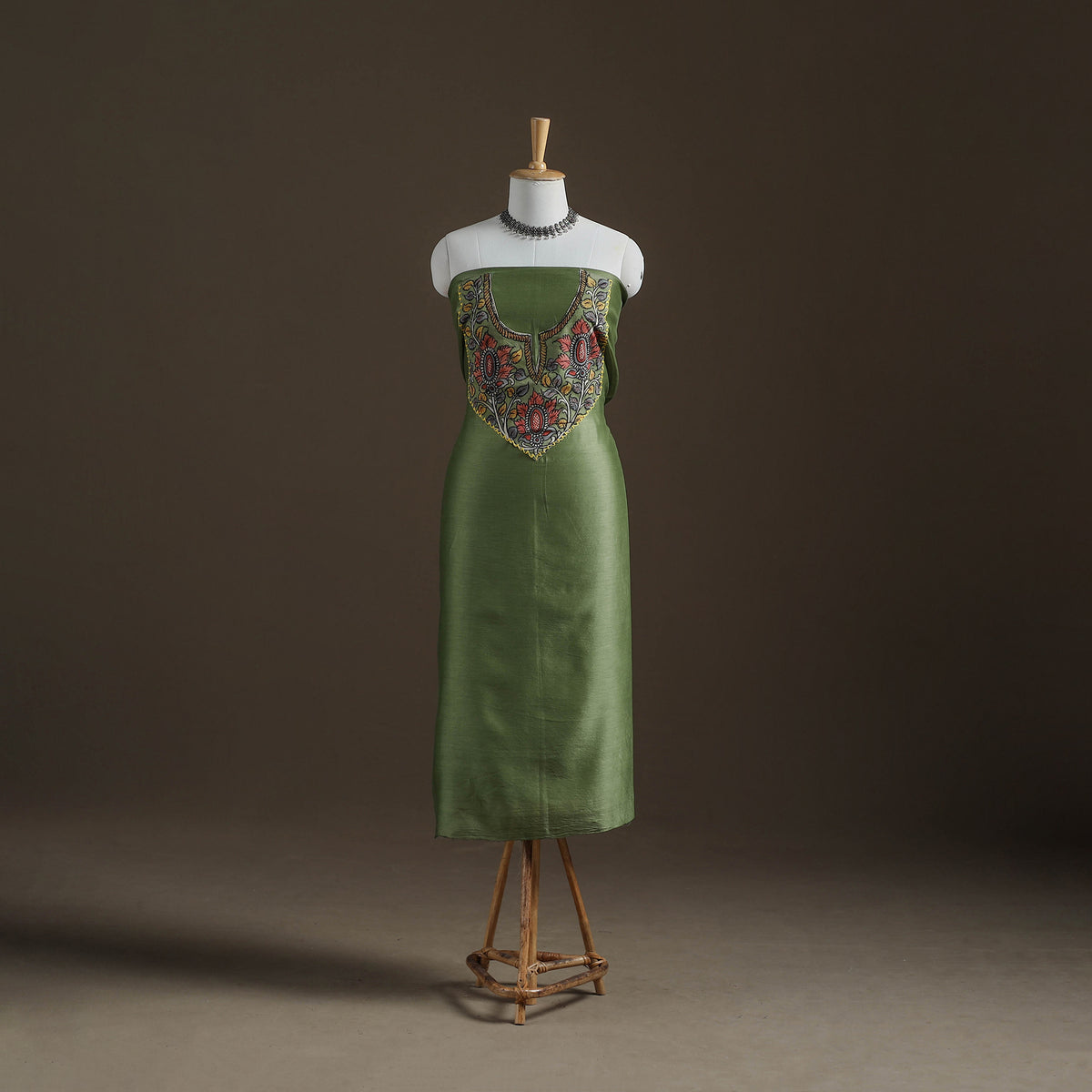 Green - Handpainted Srikalahasti Handloom Chanderi Silk Unstitched Kurta (2.3M) 21