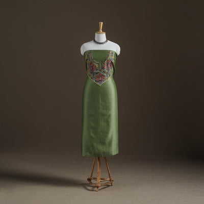 Green - Handpainted Srikalahasti Handloom Chanderi Silk Unstitched Kurta (2.3M) 21