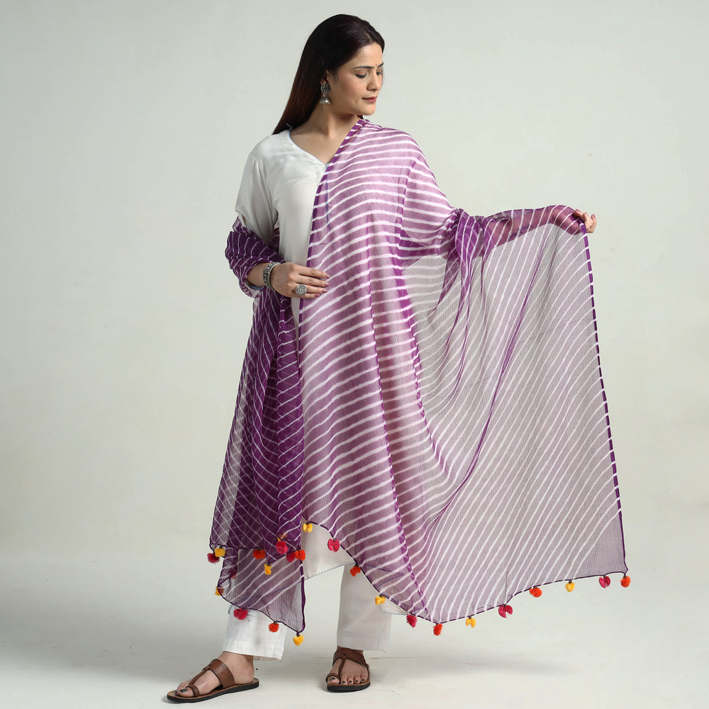 Purple - Leheriya Tie-Dye Kota Doria Cotton Dupatta with Tassels 46