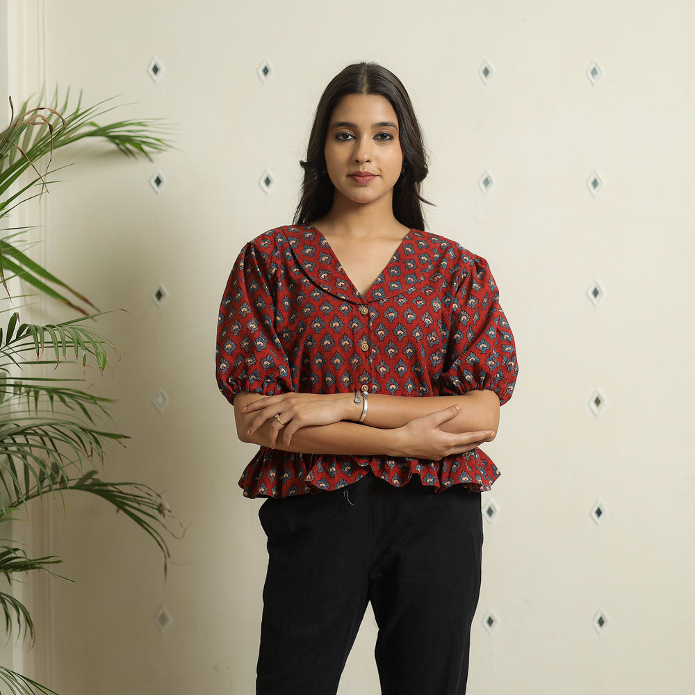 Red - Ajrakh Block Printed Cotton Crop Top 14