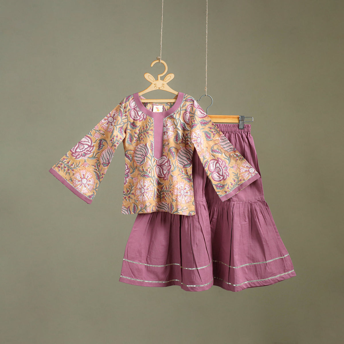 Girls Gota Work Floral Block Print Cotton Kurta with Sharara Set (3-4 Years) 19