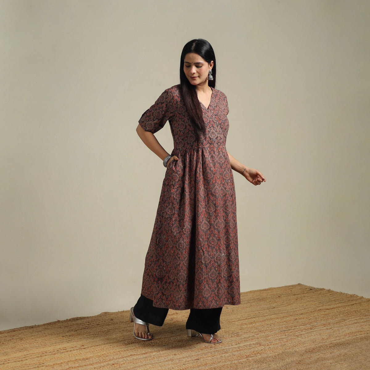 Ajrakh Hand Block Print Natural Dyed Cotton Flared Dress 05
