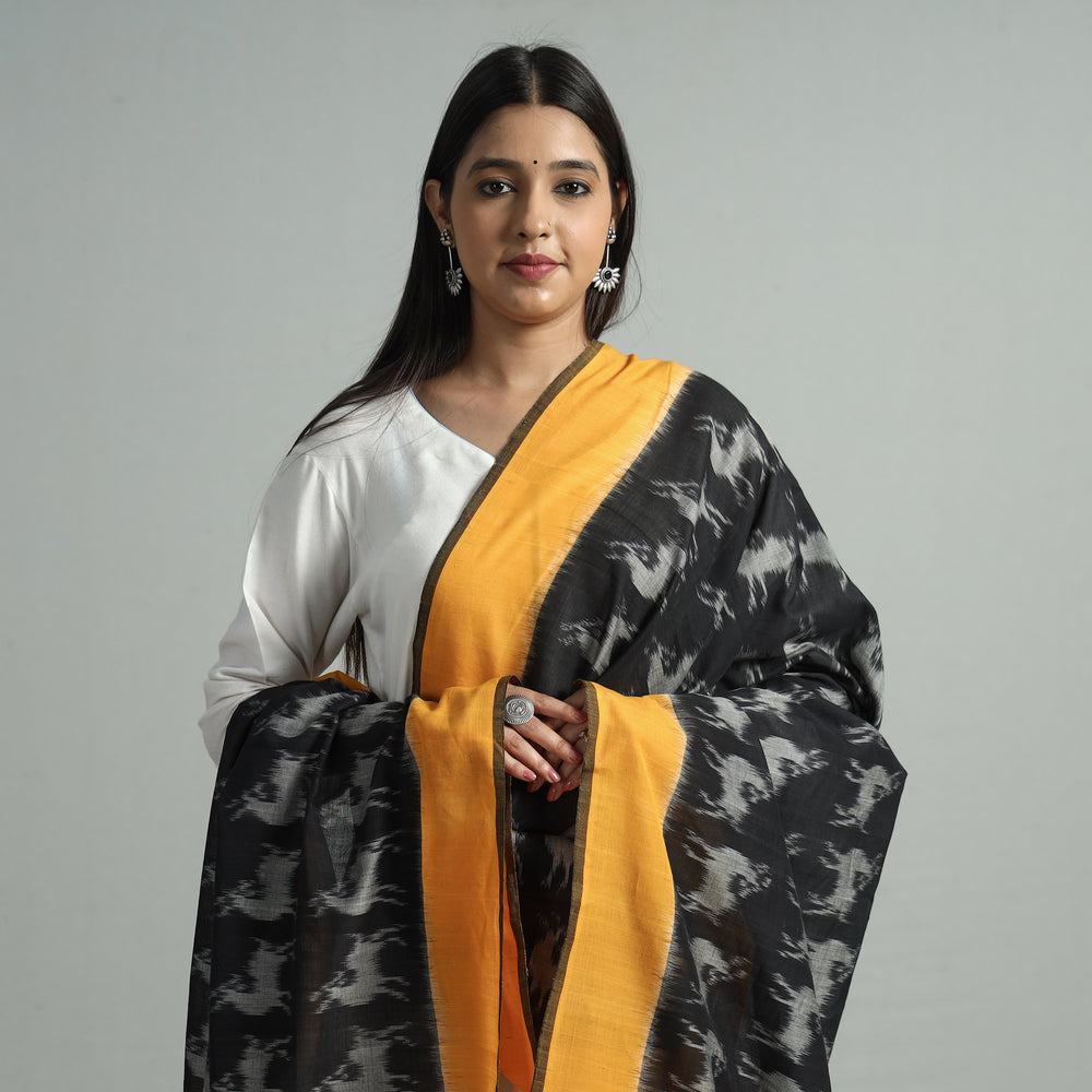 Black - Pochampally Ikat Handloom Cotton Dupatta with Tassels 04