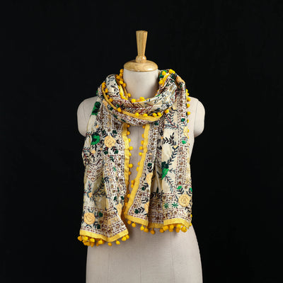 Ranihati Chanderi Silk Hand Embroidered Stole with Pom Pom 229
