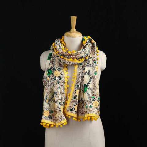 Ranihati Chanderi Silk Hand Embroidered Stole with Pom Pom 229