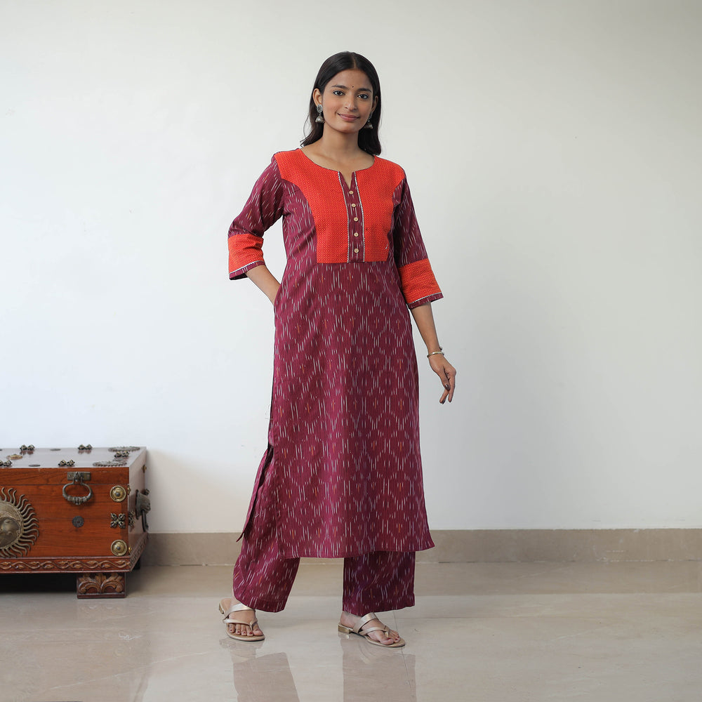 Purple - Handloom Cotton Pochampally Ikat Kurta Set with Dupatta 05