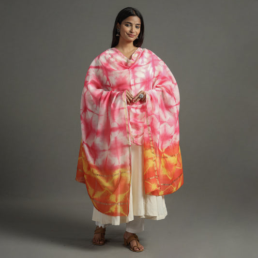 Pink - Shibori Tie-Dye Handloom Chanderi Silk Dupatta with Zari Border 63