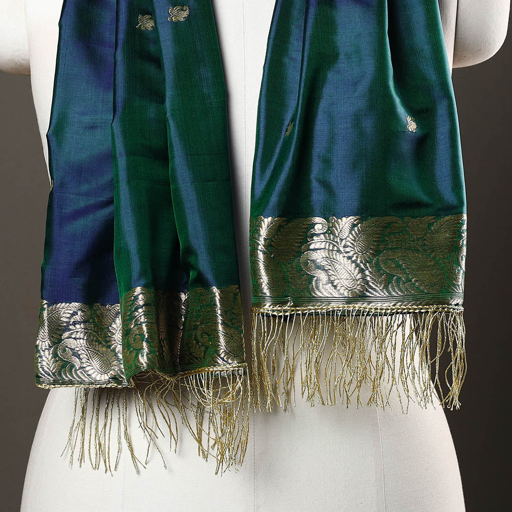 Blue - Brocade Handloom Pure Silk Banarasi Stole with Tassels 19