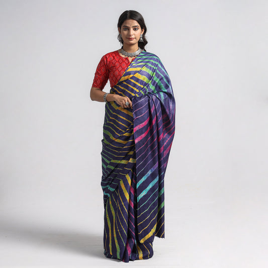 Multicolor - Multicolour Leheriya Tie-Dye Tussar Silk Handloom Saree