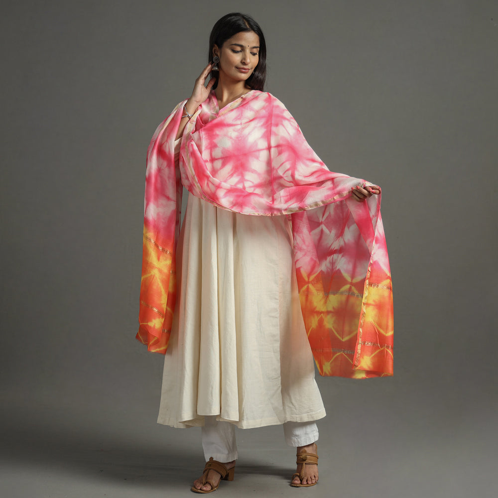 Pink - Shibori Tie-Dye Handloom Chanderi Silk Dupatta with Zari Border 63