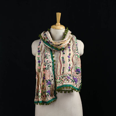 Ranihati Chanderi Silk Hand Embroidered Stole with Pom Pom 230