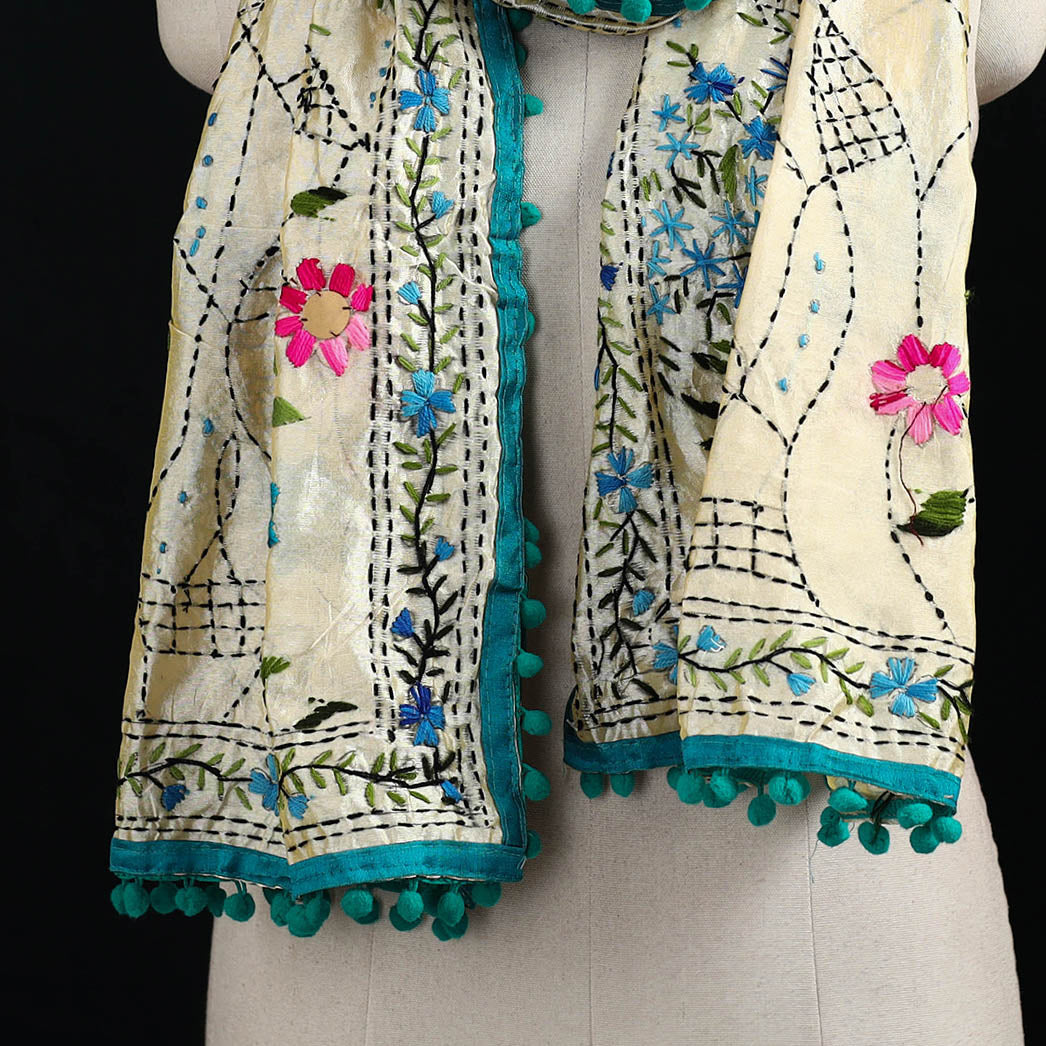 Ranihati Chanderi Silk Hand Embroidered Stole with Pom Pom 231