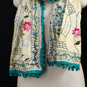Ranihati Chanderi Silk Hand Embroidered Stole with Pom Pom 231