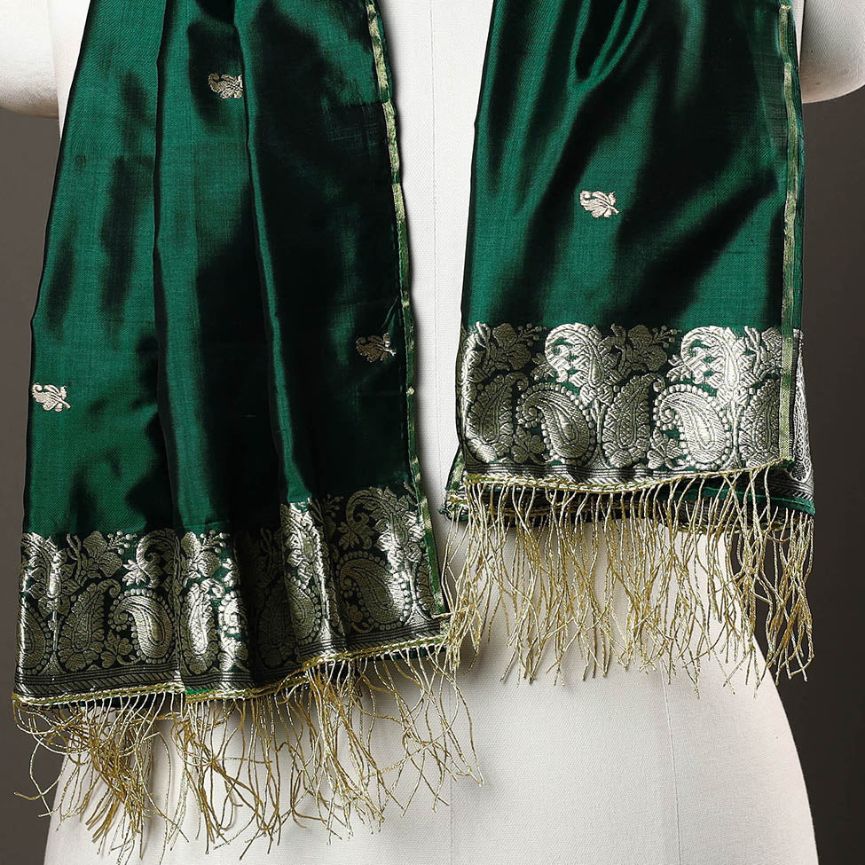 Green - Brocade Handloom Pure Silk Banarasi Stole with Tassels 18