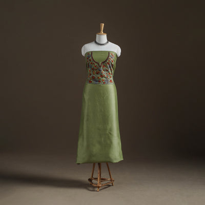 Green - Handpainted Srikalahasti Handloom Chanderi Silk Unstitched Kurta (2.3M) 22