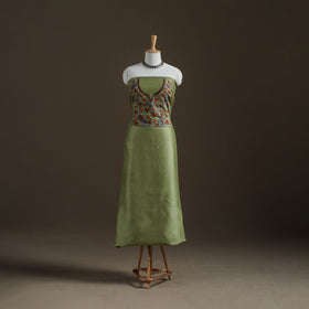 Green - Handpainted Srikalahasti Handloom Chanderi Silk Unstitched Kurta (2.3M) 22
