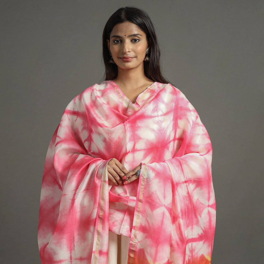 Pink - Shibori Tie-Dye Handloom Chanderi Silk Dupatta with Zari Border 63