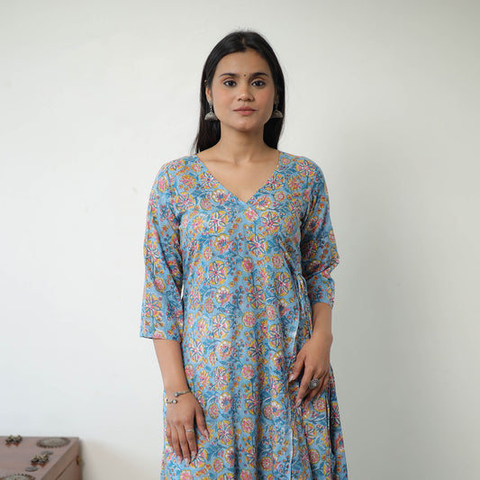 Light Blue - Sanganeri Block Printed Mul Cotton A-Line Kurta