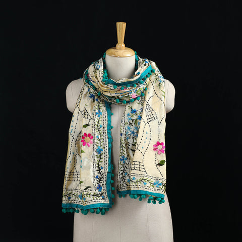Ranihati Chanderi Silk Hand Embroidered Stole with Pom Pom 231