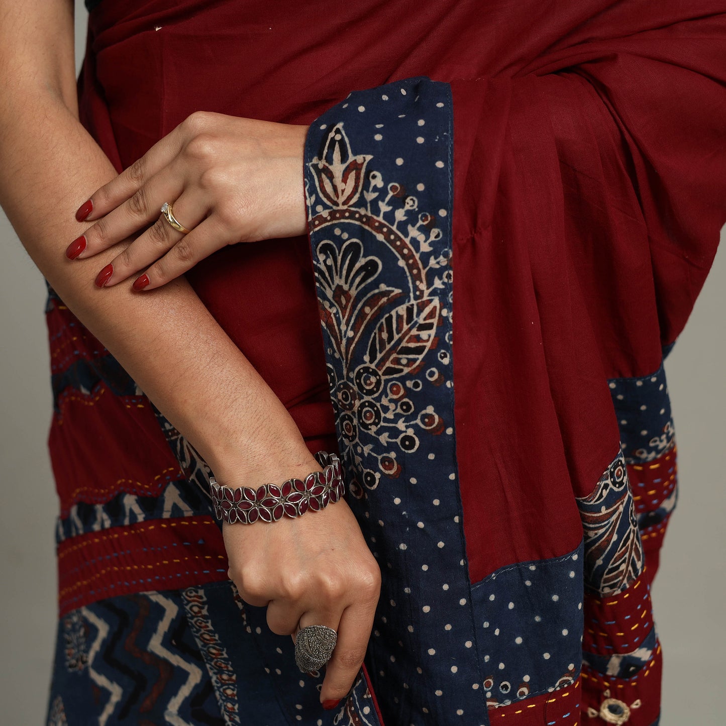 Maroon - Applique Patchwork Mul Cotton Tagai Ajrakh Saree 09