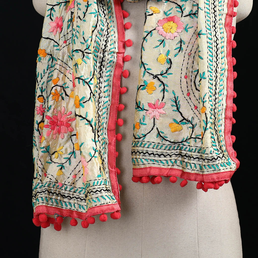 Ranihati Chanderi Silk Hand Embroidered Stole with Pom Pom 232